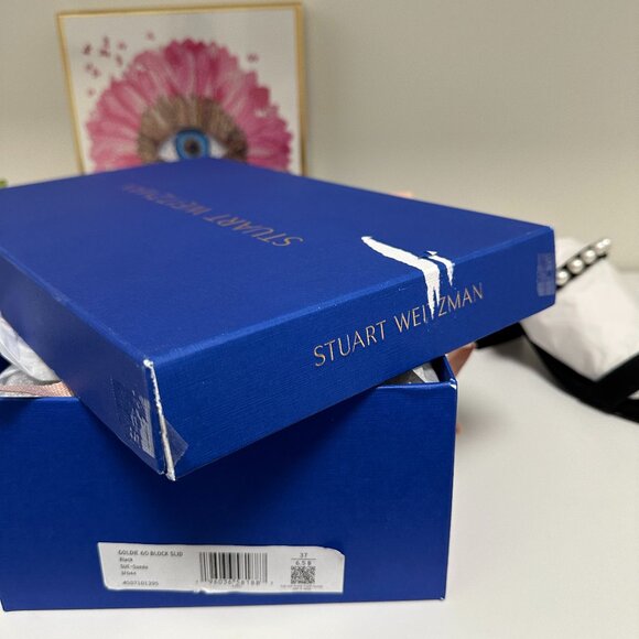 Stuart Weitzman Goldie 60 Pearl Slide Sandals 6.5 NIB Block Heel Black Suede - Picture 11 of 14